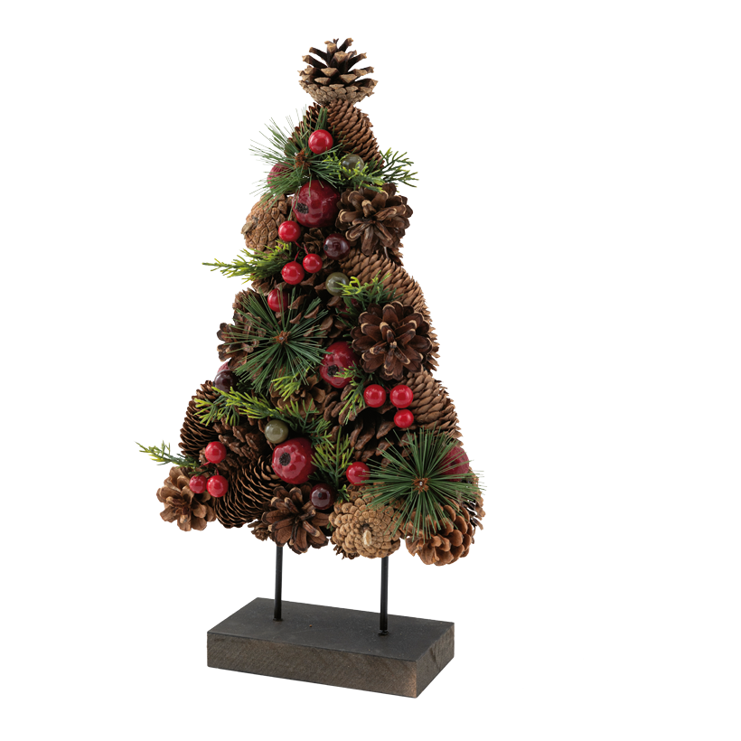 Tannenbaum auf Holzfuß, 41x38cm Holzfuß: 8,5x15x2,5cm aus Kunststoff/Naturmaterial, einseitig, Rückseite nur mit Zapfen beschmückt