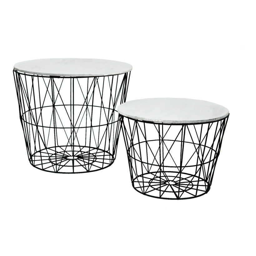 # Metallkörbe, 34x34x29cm 28x28x21cm 2er-Set, rund,  mit Holzplatte # Metallkörbe, 34x34x29cm 28x28x21cm 2er-Set, rund,  mit Holzplatte