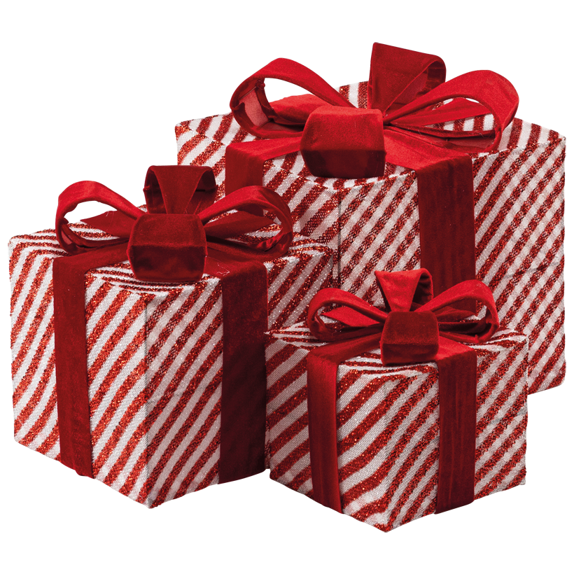 Geschenkpäckchen, 17x15x15cm, 25x20x20cm und 29x25x25cm 3 Stk./Set, aus Glitzerstoff und Metall, gestreift, ineinander passend