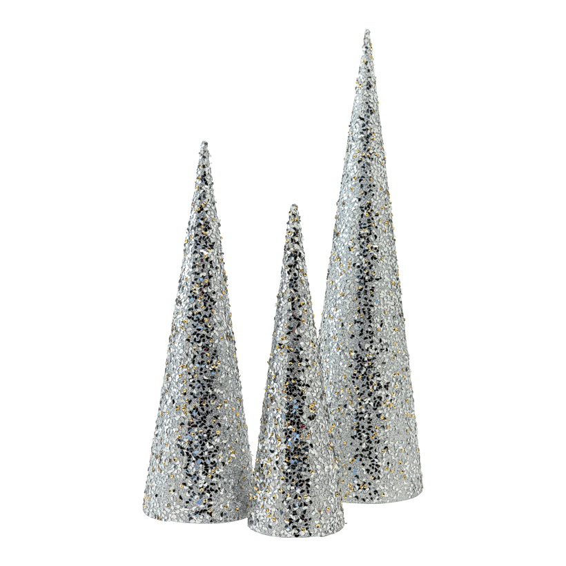 Kegel, 60cm ø 16cm, 45cm ø 14cm 38cm ø 12cm 3 Stk./Set, aus Kunststoff, beglittert, ineinander passend