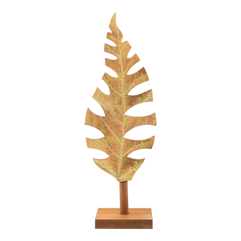 Herbstblatt auf Holzfuﬂ, 60cm Holzfuﬂ: 16x12x3cm 2-teilig, aus MDF