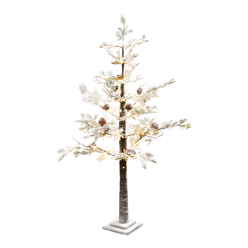 Baum, 120cm mit Standfuß:17x17x4,5cm mit 280 LEDs, 2-teilig, aus Kunststoff/MDF/Papier, mit Tannenzapfen, beschneit, mit IP44 Stecker