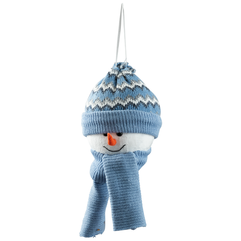 Schneemann-Kopf, 23x20x45cm aus Styropor mit Stoffüberzug, mit Schal und Mütze, mit Hänger