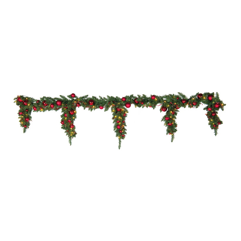 Edeltannenfries, 270cm Ø 25cm, Zapfenlänge: 50/60/70/60/50cm 60 Kugeln, aus Kunststoff, 100 LEDs, rotem Sternchendraht Edeltannenfries, 270cm Ø 25cm, Zapfenlänge: 50/60/70/60/50cm 60 Kugeln, aus Kunststoff, 100 LEDs, rotem Sternchendraht