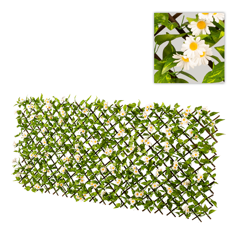 Zaun mit Gänseblümchen, 90x180cm Masche: 7x7cm aus Weidenholz/Kunstseide, ausziehbar